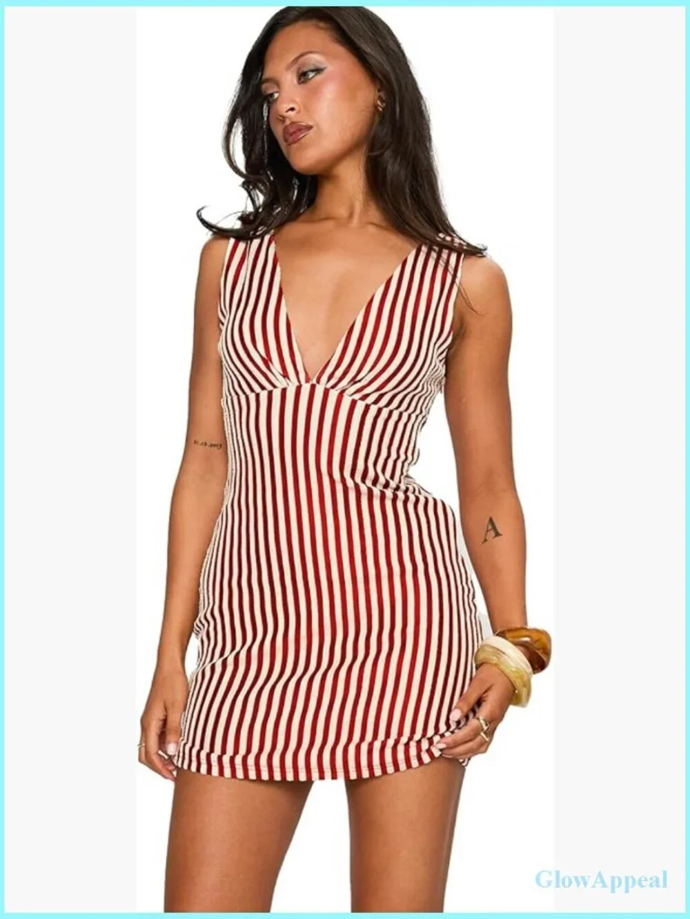 Plunge Stripe Mini Dress with Ruched Bust, Zip Side